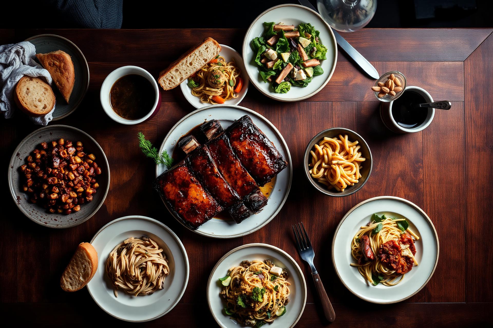 A rustic spread of grilled meats, fresh breads, and colorful side dishes on a wooden table